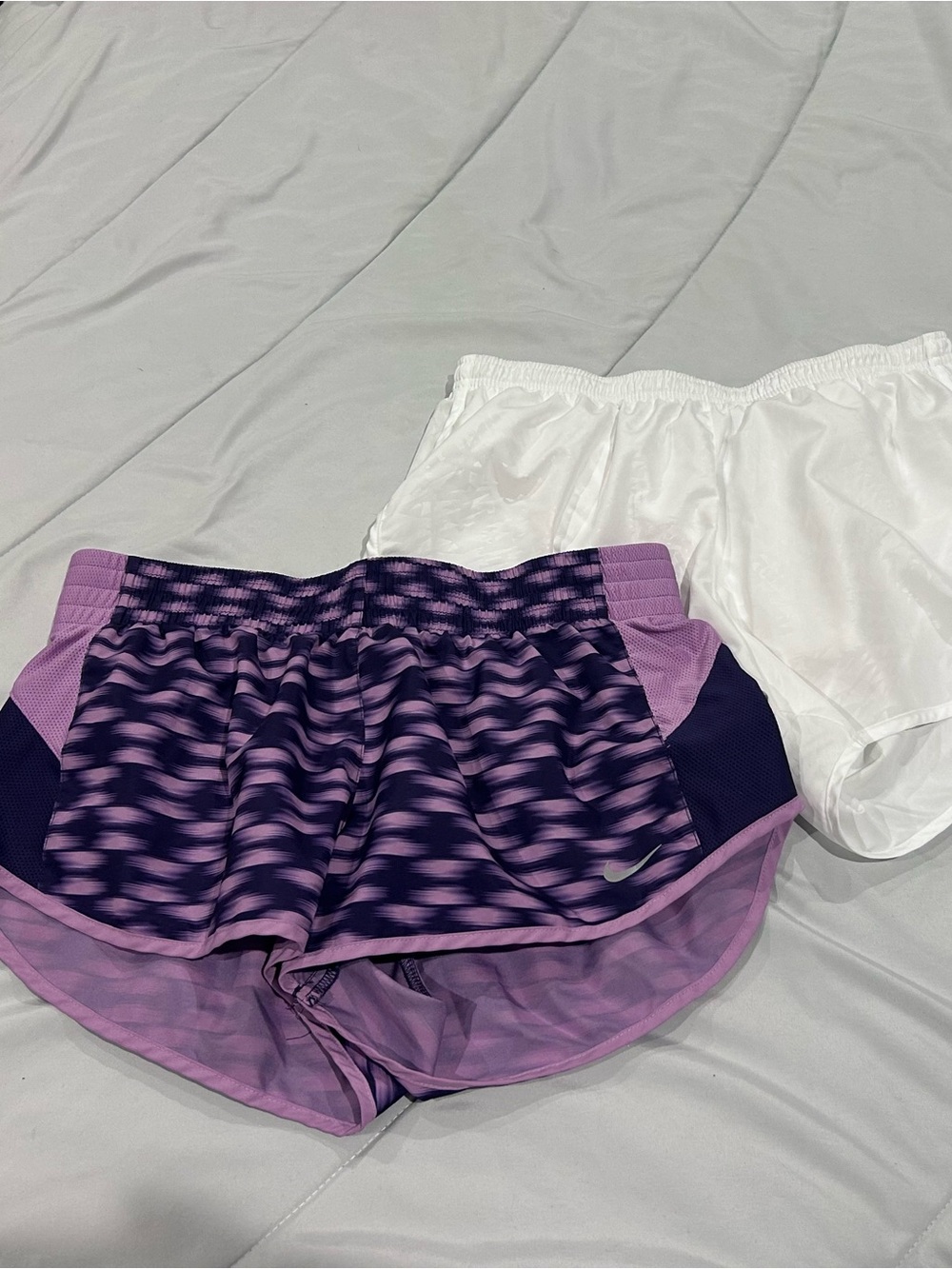 Nike Purple Patterned Athletic Shorts & Nike White Dri Fit Running Both Medium